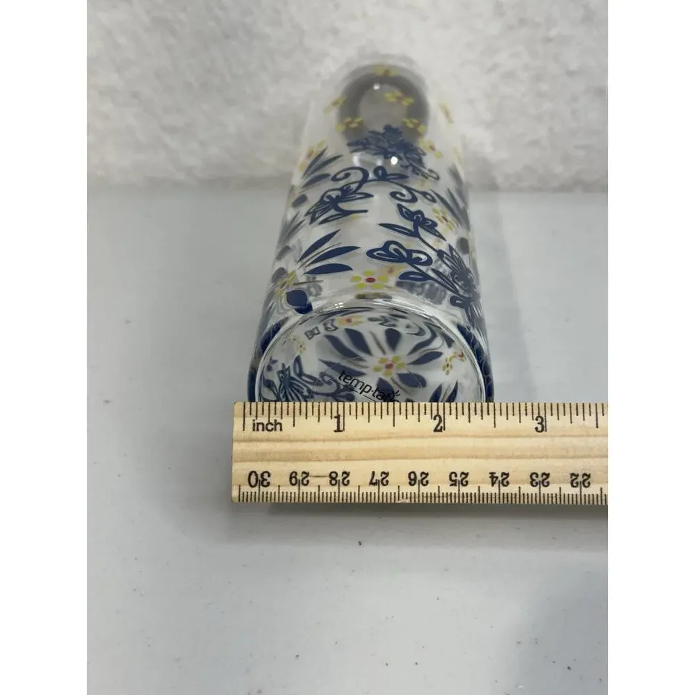 Temptations By Tara 20oz Travel Glass Bottle Blue & Yellow Floral Pattern Strap